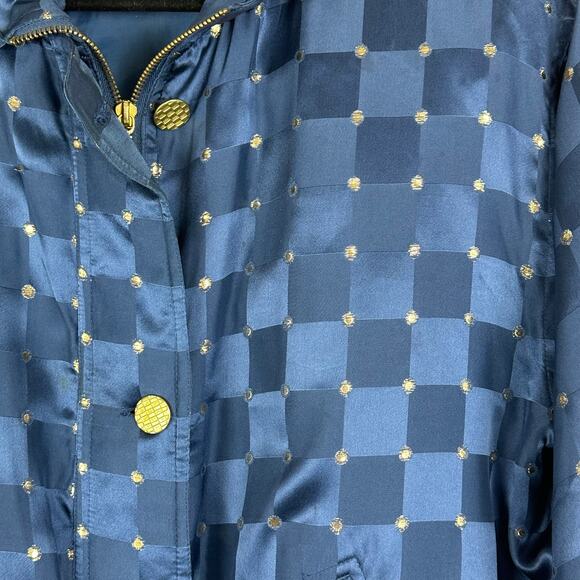 Women's VTG 90s Mureli 100% Silk Navy Blue & Gold Bomber Zip Up Track Jacket MP - Picture 5 of 9